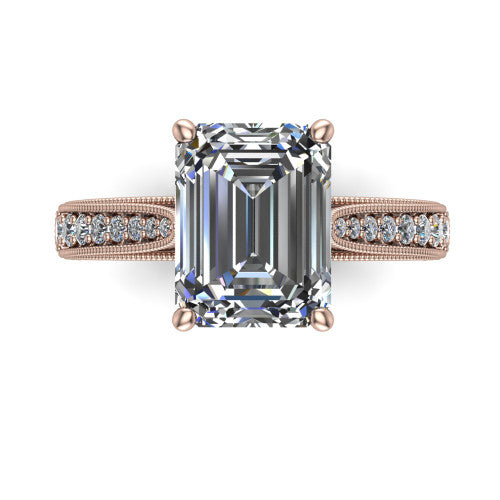 Maeve emerald classic engagement ring in 18K Rose Gold, top-down view showing the prong-set center diamond over a diamond-set milgrain band