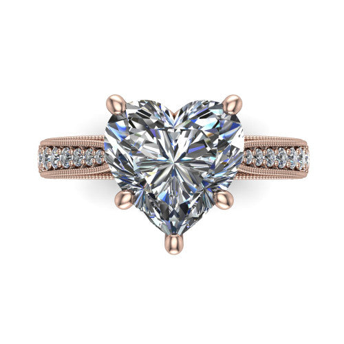 Maeve heart classic engagement ring in 14K Rose Gold, top-down view showing the prong-set center diamond over a diamond-set milgrain band