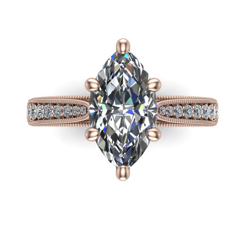 Maeve marquise classic engagement ring in 14K Rose Gold, top-down view showing the prong-set center diamond over a diamond-set milgrain band