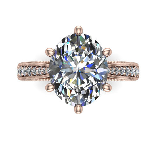 Maeve oval classic engagement ring in 14K Rose Gold, top-down view showing the prong-set center diamond over a diamond-set milgrain band