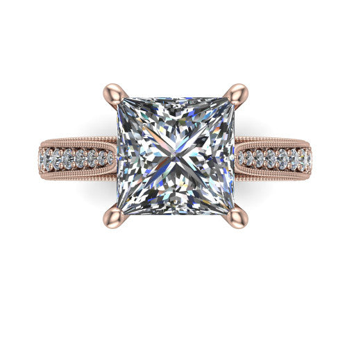 Maeve princess classic engagement ring in 18K Rose Gold, top-down view showing the prong-set center diamond over a diamond-set milgrain band