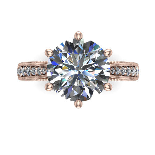 Maeve round classic engagement ring in 18K Rose Gold, top-down view showing the prong-set center diamond over a diamond-set milgrain band