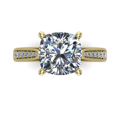 Maeve cushion classic engagement ring in 18K Yellow Gold, top-down view showing the prong-set center diamond over a diamond-set milgrain band