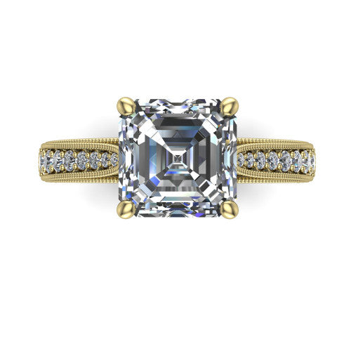 Maeve asscher classic engagement ring in 14K Yellow Gold, top-down view showing the prong-set center diamond over a diamond-set milgrain band