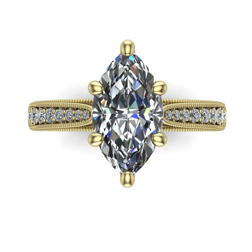 Maeve marquise classic engagement ring in 14K Yellow Gold, top-down view showing the prong-set center diamond over a diamond-set milgrain band