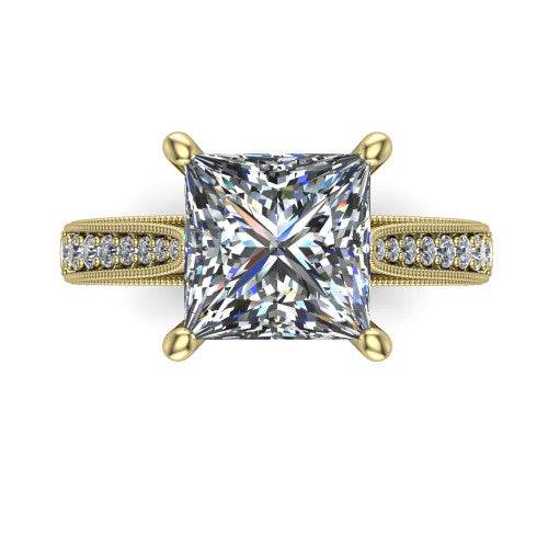 Maeve princess classic engagement ring in 18K Yellow Gold, top-down view showing the prong-set center diamond over a diamond-set milgrain band