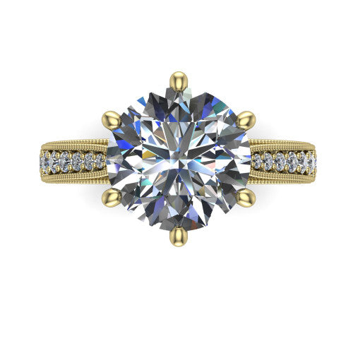 Maeve round classic engagement ring in 14K Yellow Gold, top-down view showing the prong-set center diamond over a diamond-set milgrain band