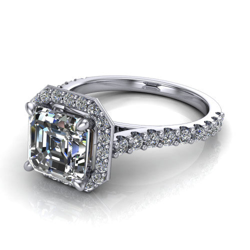 Rowan asscher halo engagement ring in Platinum, three-quarter perspective showing the haloed center raised above a pav&eacute; shank