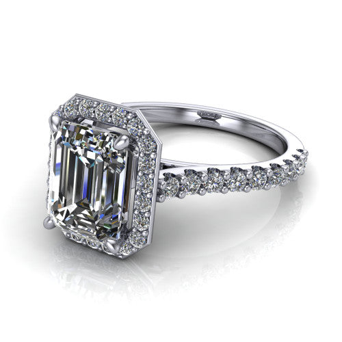 Rowan emerald halo engagement ring in 18K White Gold, three-quarter perspective showing the haloed center raised above a pav&eacute; shank