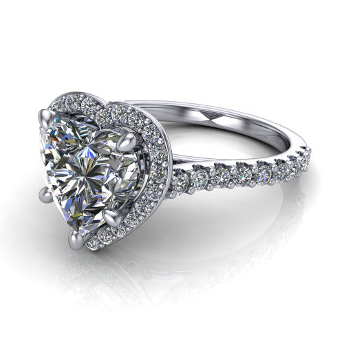 Rowan heart halo engagement ring in 14K White Gold, three-quarter perspective showing the haloed center raised above a pav&eacute; shank