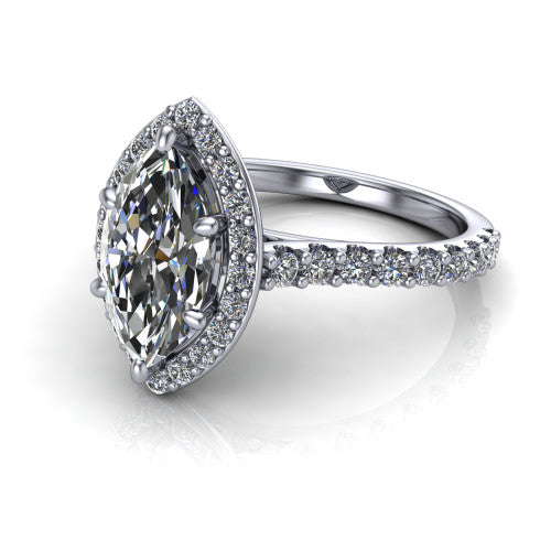 Rowan marquise halo engagement ring in 14K White Gold, three-quarter perspective showing the haloed center raised above a pav&eacute; shank