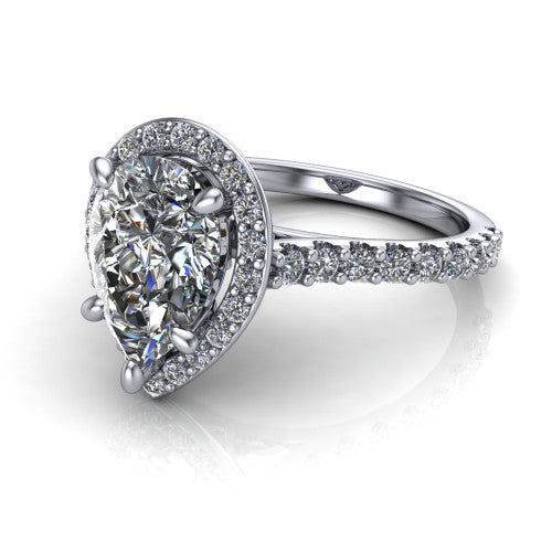 Rowan pear halo engagement ring in Platinum, three-quarter perspective showing the haloed center raised above a pav&eacute; shank