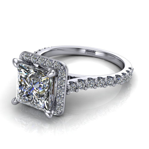 Rowan princess halo engagement ring in Platinum, three-quarter perspective showing the haloed center raised above a pav&eacute; shank