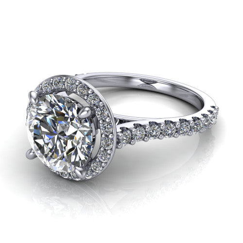 Rowan round halo engagement ring in 18K White Gold, three-quarter perspective showing the haloed center raised above a pav&eacute; shank
