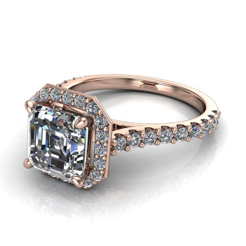 Rowan asscher halo engagement ring in 18K Rose Gold, three-quarter perspective showing the haloed center raised above a pav&eacute; shank
