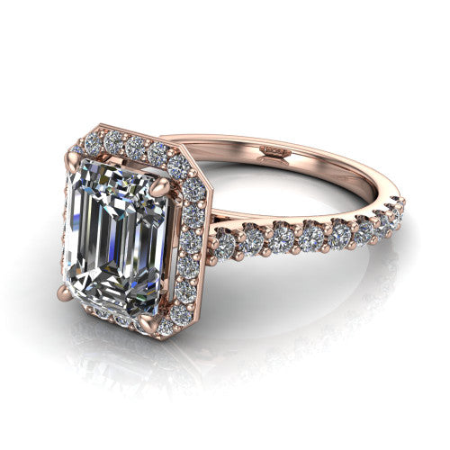 Rowan emerald halo engagement ring in 18K Rose Gold, three-quarter perspective showing the haloed center raised above a pav&eacute; shank