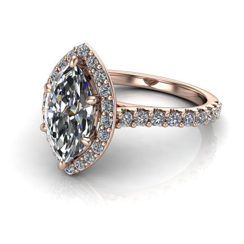 Rowan marquise halo engagement ring in 18K Rose Gold, three-quarter perspective showing the haloed center raised above a pav&eacute; shank