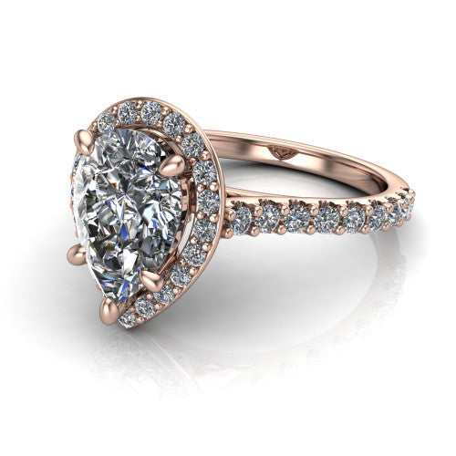 Rowan pear halo engagement ring in 14K Rose Gold, three-quarter perspective showing the haloed center raised above a pav&eacute; shank