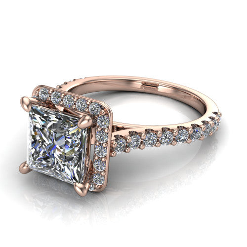 Rowan princess halo engagement ring in 14K Rose Gold, three-quarter perspective showing the haloed center raised above a pav&eacute; shank