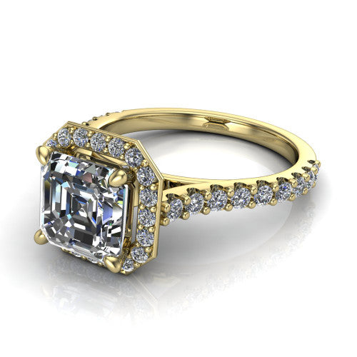 Rowan asscher halo engagement ring in 14K Yellow Gold, three-quarter perspective showing the haloed center raised above a pav&eacute; shank