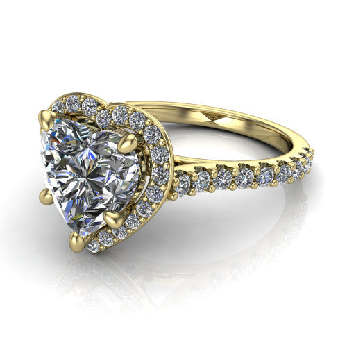 Rowan heart halo engagement ring in 18K Yellow Gold, three-quarter perspective showing the haloed center raised above a pav&eacute; shank