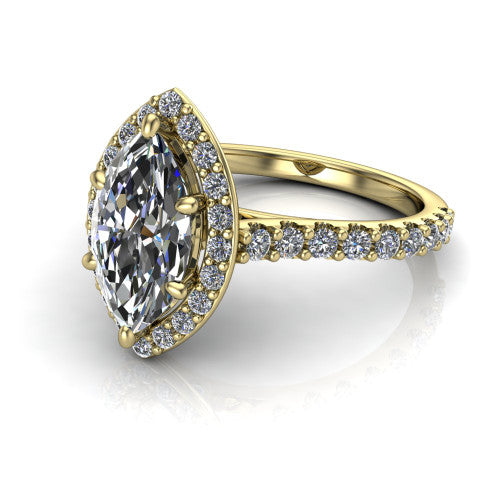 Rowan marquise halo engagement ring in 14K Yellow Gold, three-quarter perspective showing the haloed center raised above a pav&eacute; shank