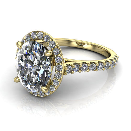 Rowan oval halo engagement ring in 14K Yellow Gold, three-quarter perspective showing the haloed center raised above a pav&eacute; shank