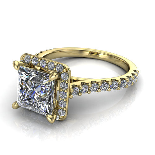 Rowan princess halo engagement ring in 18K Yellow Gold, three-quarter perspective showing the haloed center raised above a pav&eacute; shank