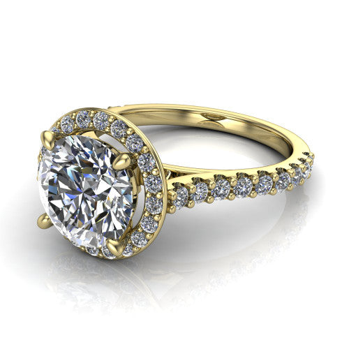 Rowan round halo engagement ring in 18K Yellow Gold, three-quarter perspective showing the haloed center raised above a pav&eacute; shank