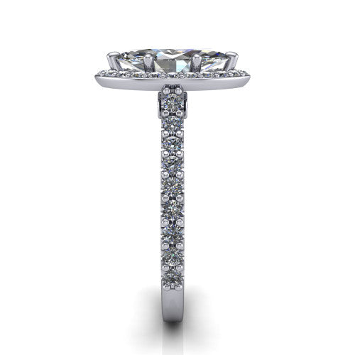 Rowan marquise halo engagement ring in 18K White Gold, side profile showing the pav&eacute; diamonds running down the shank and the hidden gallery accent