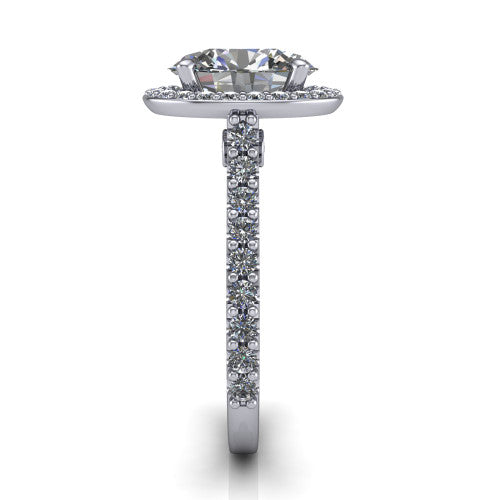 Rowan oval halo engagement ring in 18K White Gold, side profile showing the pav&eacute; diamonds running down the shank and the hidden gallery accent