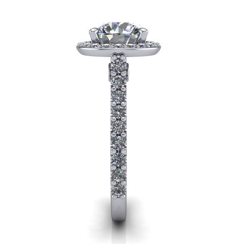 Rowan round halo engagement ring in 14K White Gold, side profile showing the pav&eacute; diamonds running down the shank and the hidden gallery accent