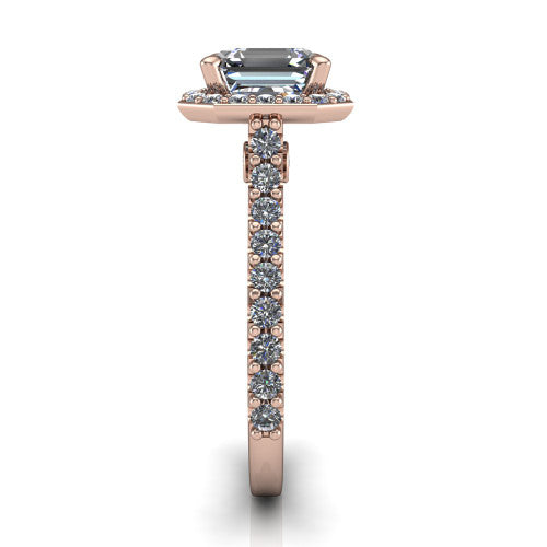 Rowan asscher halo engagement ring in 18K Rose Gold, side profile showing the pav&eacute; diamonds running down the shank and the hidden gallery accent