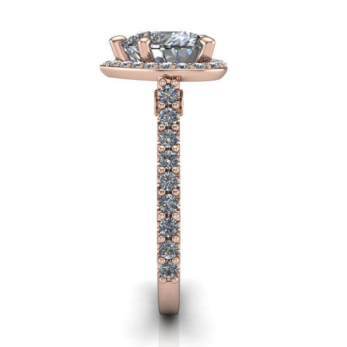Rowan heart halo engagement ring in 14K Rose Gold, side profile showing the pav&eacute; diamonds running down the shank and the hidden gallery accent