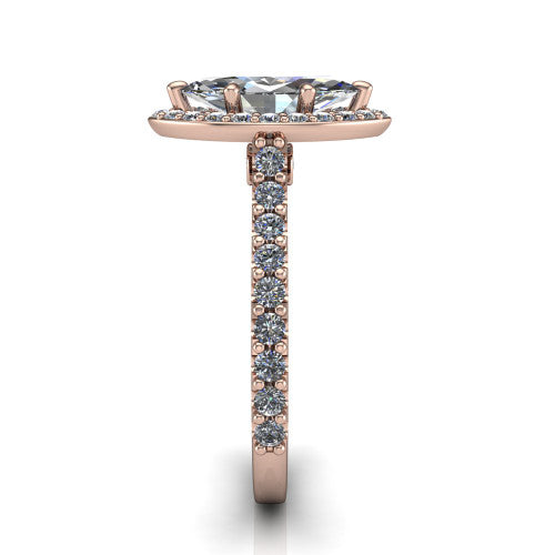 Rowan marquise halo engagement ring in 14K Rose Gold, side profile showing the pav&eacute; diamonds running down the shank and the hidden gallery accent