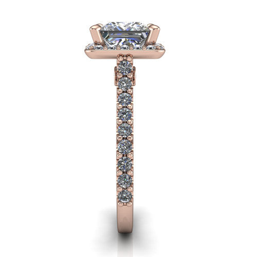 Rowan princess halo engagement ring in 18K Rose Gold, side profile showing the pav&eacute; diamonds running down the shank and the hidden gallery accent