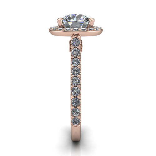 Rowan round halo engagement ring in 14K Rose Gold, side profile showing the pav&eacute; diamonds running down the shank and the hidden gallery accent
