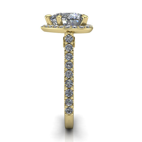 Rowan heart halo engagement ring in 18K Yellow Gold, side profile showing the pav&eacute; diamonds running down the shank and the hidden gallery accent