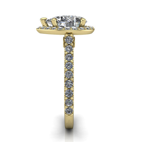 Rowan pear halo engagement ring in 14K Yellow Gold, side profile showing the pav&eacute; diamonds running down the shank and the hidden gallery accent