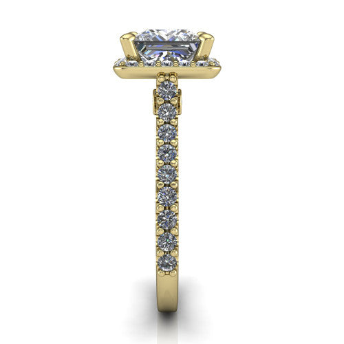 Rowan princess halo engagement ring in 14K Yellow Gold, side profile showing the pav&eacute; diamonds running down the shank and the hidden gallery accent