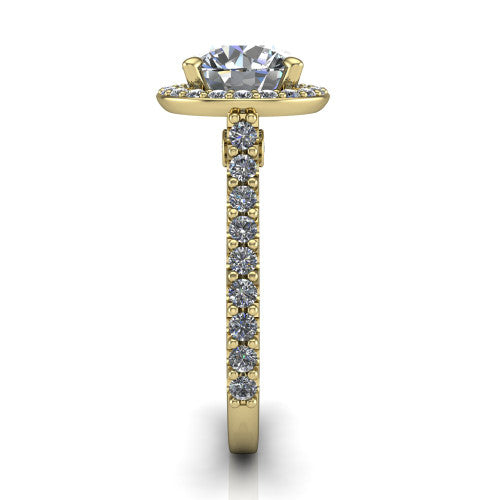 Rowan round halo engagement ring in 14K Yellow Gold, side profile showing the pav&eacute; diamonds running down the shank and the hidden gallery accent