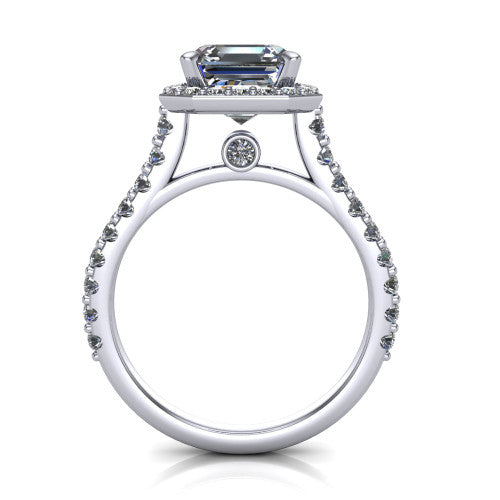Rowan asscher halo engagement ring in 18K White Gold, through-finger front profile showing the halo head raised above the pav&eacute; band and a peek-a-boo gallery diamond