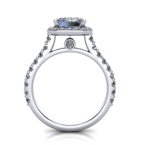 Rowan emerald halo engagement ring in 14K White Gold, through-finger front profile showing the halo head raised above the pav&eacute; band and a peek-a-boo gallery diamond