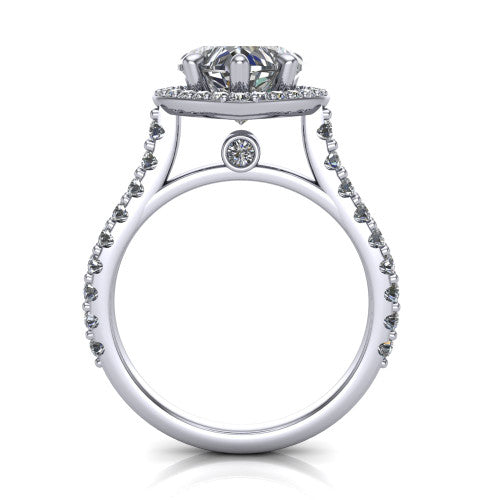 Rowan heart halo engagement ring in 14K White Gold, through-finger front profile showing the halo head raised above the pav&eacute; band and a peek-a-boo gallery diamond