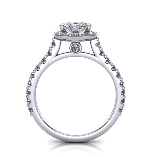 Rowan marquise halo engagement ring in 14K White Gold, through-finger front profile showing the halo head raised above the pav&eacute; band and a peek-a-boo gallery diamond