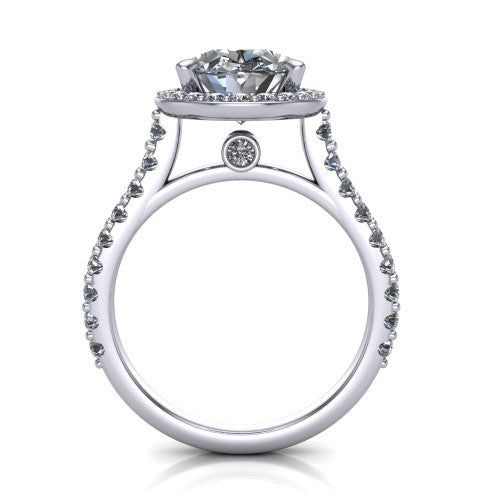 Rowan oval halo engagement ring in 14K White Gold, through-finger front profile showing the halo head raised above the pav&eacute; band and a peek-a-boo gallery diamond
