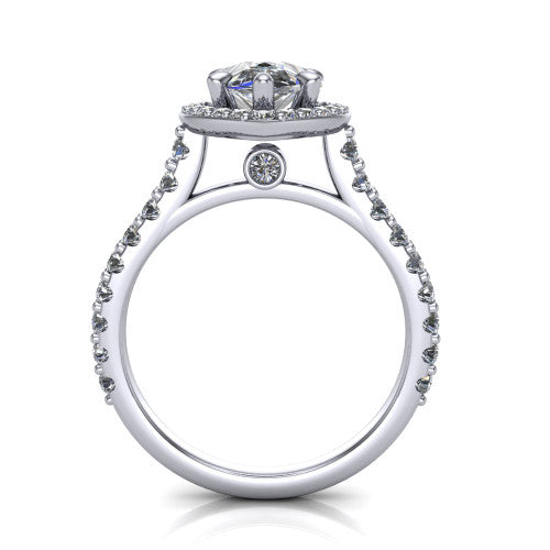 Rowan pear halo engagement ring in 14K White Gold, through-finger front profile showing the halo head raised above the pav&eacute; band and a peek-a-boo gallery diamond