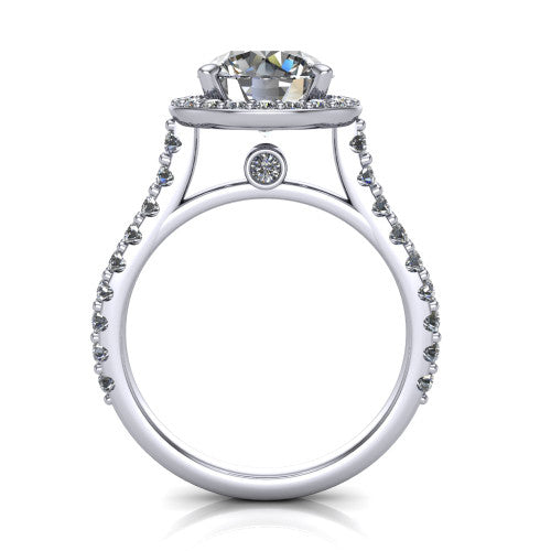 Rowan round halo engagement ring in 14K White Gold, through-finger front profile showing the halo head raised above the pav&eacute; band and a peek-a-boo gallery diamond