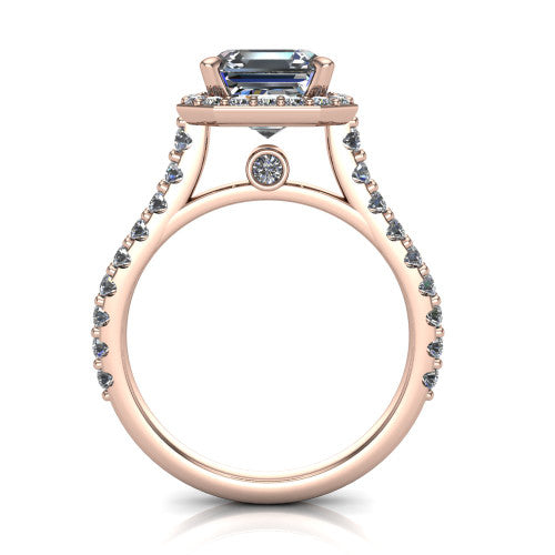 Rowan asscher halo engagement ring in 18K Rose Gold, through-finger front profile showing the halo head raised above the pav&eacute; band and a peek-a-boo gallery diamond