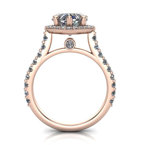 Rowan heart halo engagement ring in 18K Rose Gold, through-finger front profile showing the halo head raised above the pav&eacute; band and a peek-a-boo gallery diamond